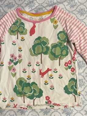 Mini Boden Girls Long Sleeve Shirt Forest Bunny Floral Pink Stripes Size 3-4Y